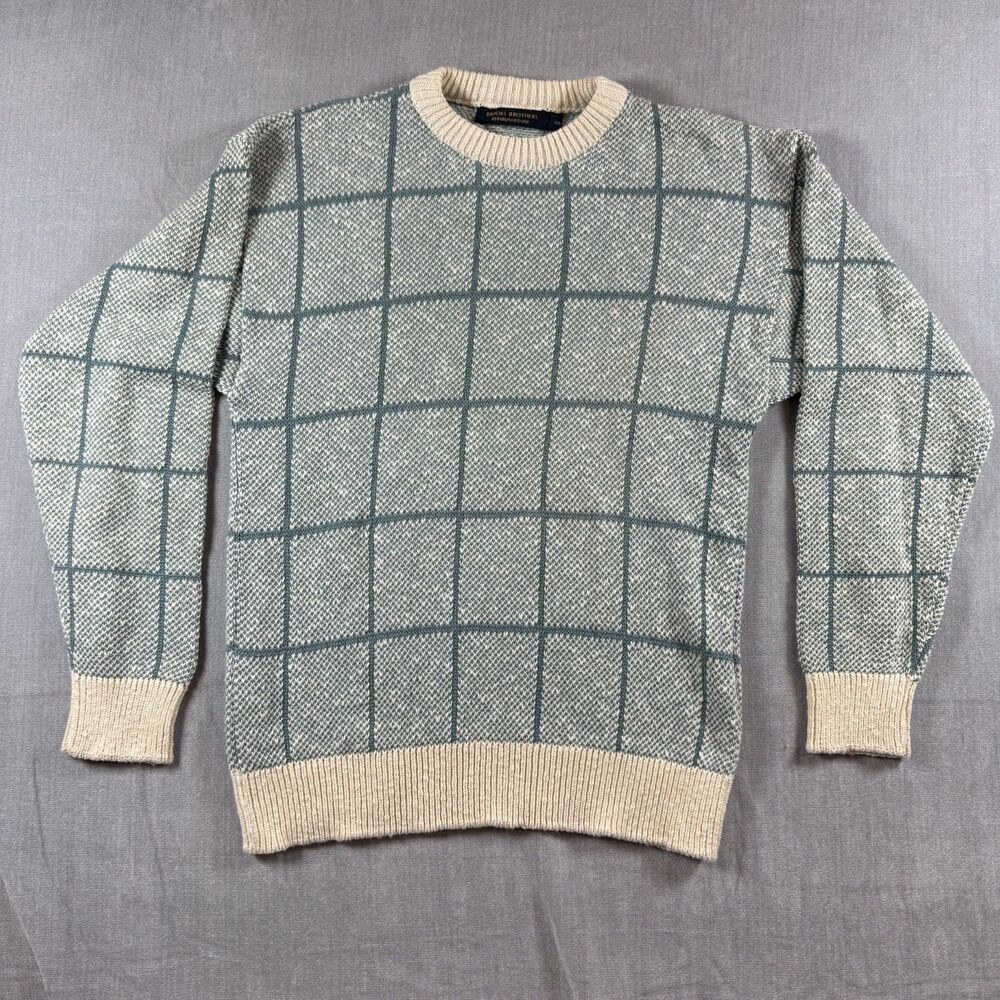 VTG Brooks Brothers Men S Windowpane Grid Cotton Sweater Made in USA Blue Cream